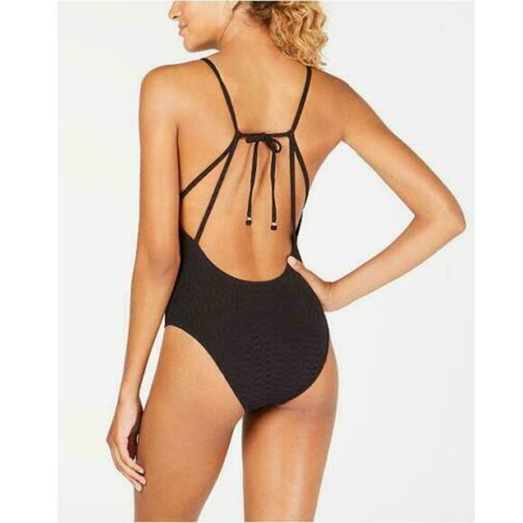 Lucky Brand Black Plunging Strappy Back One Piece Swimsuit XS Shoreline Chic New - Picture 2 of 7